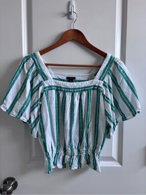 Ann Taylor Green & White Striped Square-Neck Peasant Blouse